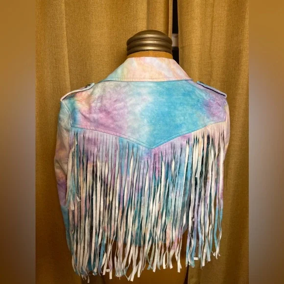**RARE** Blank NYC Tie Dye Fringe Leather Moto Jacket - Picture 7 of 16